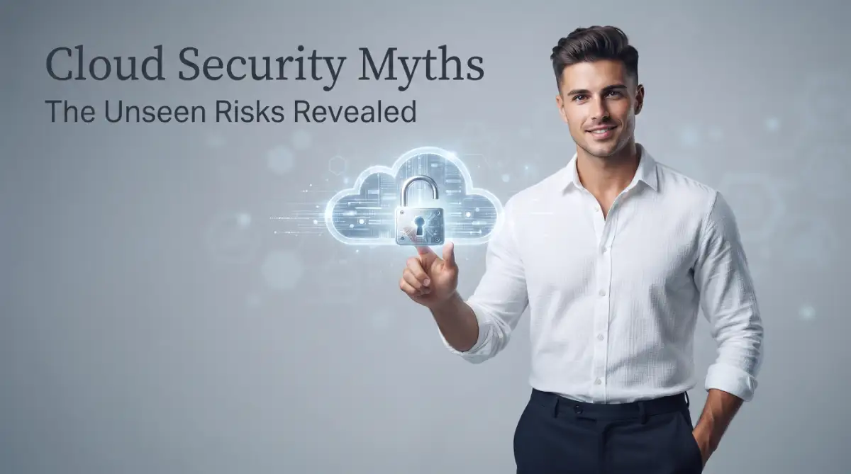 A young professional man pointing to an open digital padlock on a cloud icon, illustrating common cloud security risks and vulnerabilities.